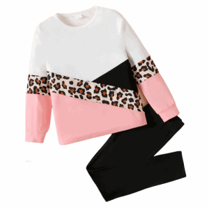 2pcs kid girl leopard print colorblock long sleeve tee and black leggings set