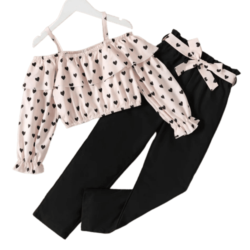 2pcs kid girl heart print flounce long sleeve camisole and belted black straight pants set