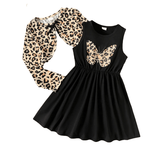 2pcs kid girl butterfly print sleeveless black dress and leopard print long sleeve cardigan set