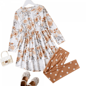 2pcs kid girl floral print high low long sleeve tee and polka dots leggings set
