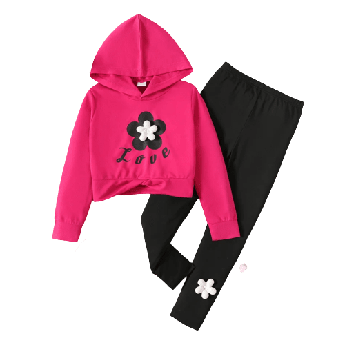 2pcs kid girl floral patch design twist knot hoodie sweatshirt and leggings set