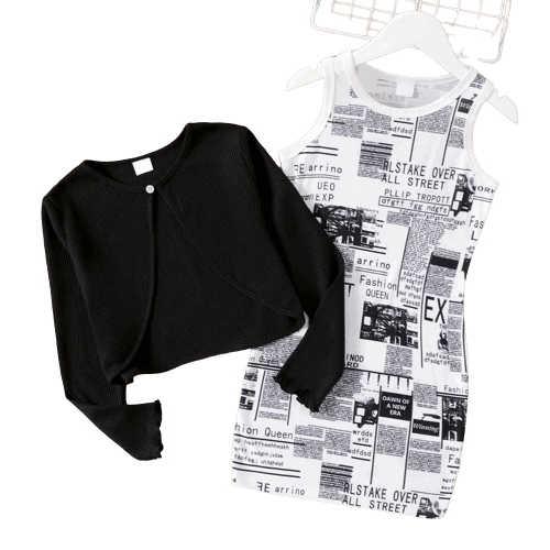 2pcs kid girl allover letter print sleeveless dress and black cardigan set