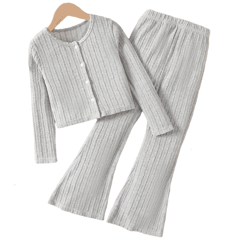 2pcs kid girl cable knit textured button design long sleeve tee and flared pants set