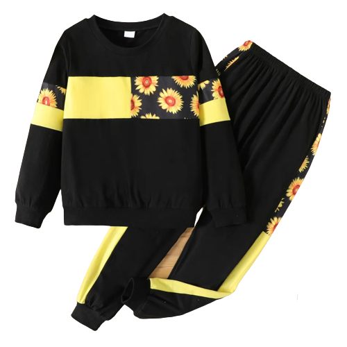 2pcs kid girl floral sunflower print colorblock pullover sweatshirt and elasticized pants set