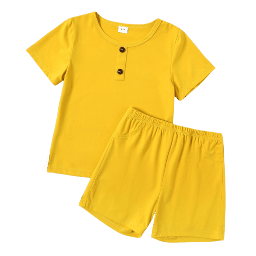 2 piece kid boy button design solid color short sleeve tee and short set