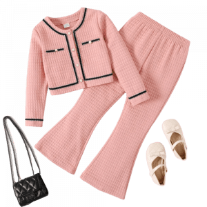 2pcs kid girl tweed textured button design long sleeve tee and pink flared pants set