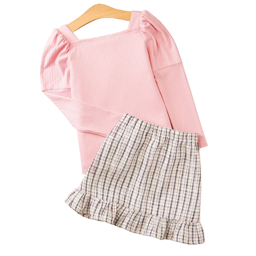 2pcs kid girl square neck long puff sleeve pink tee and plaid tweed skirt set