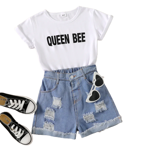 2pcs kid girl letter print short sleeve white tee and ripped denim shorts set