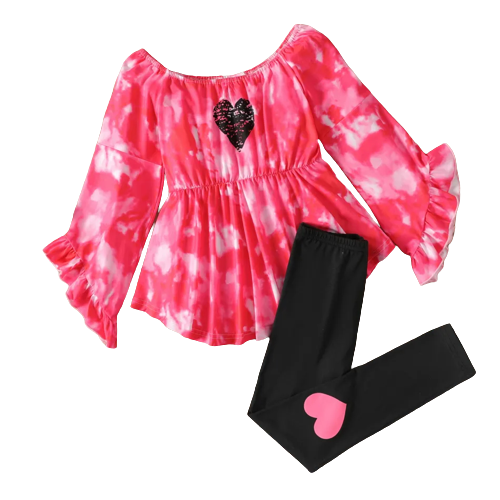 2pcs kid girl tie dyed heart print ruffled off shoulder long sleeve tee and black leggings set