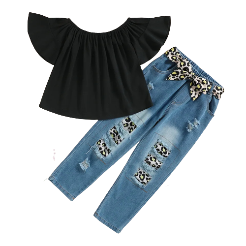 2pcs kid girl off shoulder short sleeve black tee and leopard print patchwork belted ripped denim jeans set