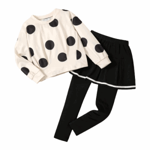 2pcs kid girl polka dots long sleeve pleated hem tee and faux two skirt leggings set