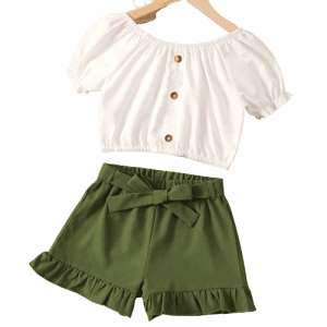 2pcs kid girl button design short sleeve white tee and ruffle belted green shorts set