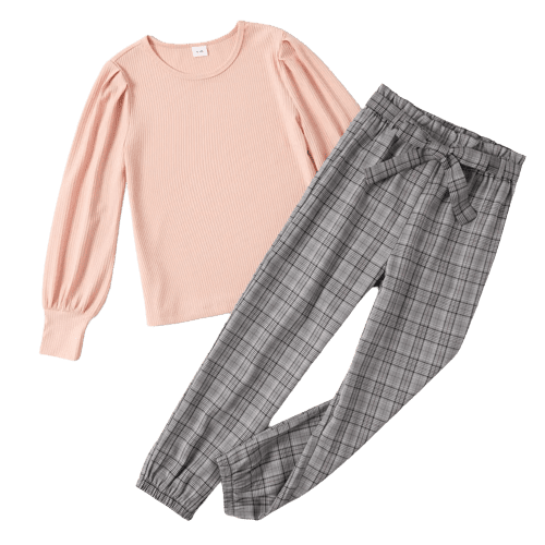 2 piece kid girl round collar solid long sleeve top and plaid pants with belt set