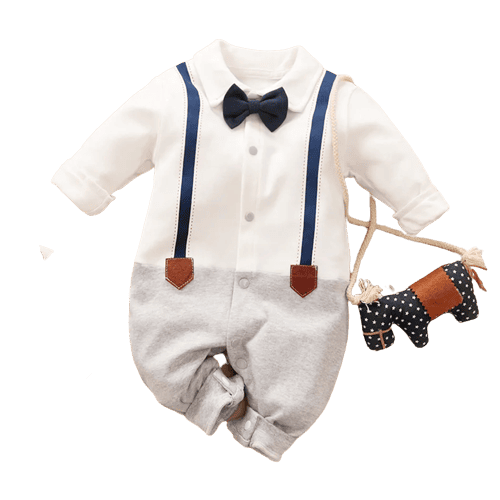 cotton color block lapel collar bow tie decor faux two long sleeve baby jumpsuit