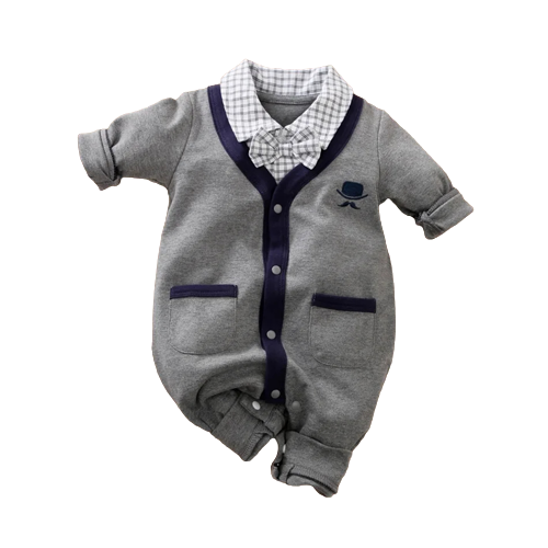 cotton plaid lapel bowtie long sleeve faux two baby jumpsuit
