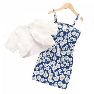 2pcs kid girl floral daisy print slip dress and white cardigan set