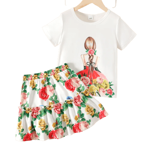 2pcs kid girl floral cartoon print short sleeve white tee and ruffled skirt set