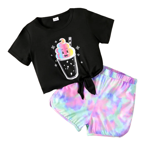 2 piece kid girl food print tie knot short sleeve black tee and tie dyed shorts set