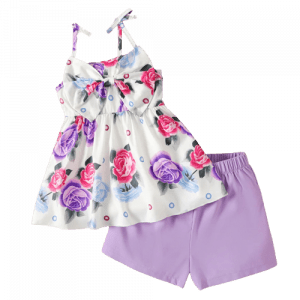 2pcs kid girl floral print bowknot design camisole and purple shorts set