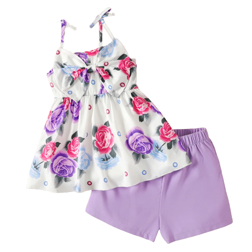 2pcs kid girl floral print bowknot design camisole and purple shorts set