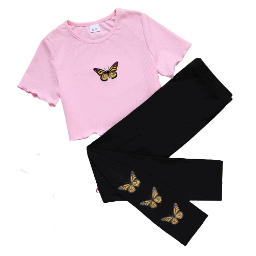 2pcs kid girl butterfly print lettuce trim pink short sleeve tee and black leggings set