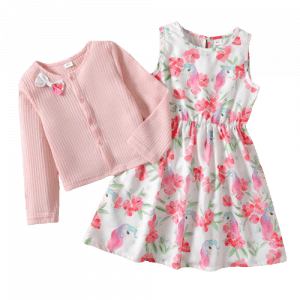 2 piece kid girl bowknot decor button knitted cardigan and unicorn floral print sleeveless dress set