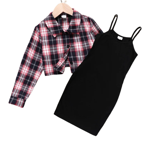 2pcs kid girl black slip dress and lapel collar plaid long sleeve shirt cardigan set