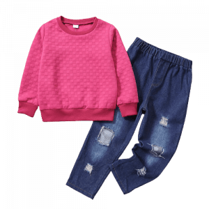 2pcs kid girl textured pink sweatshirt and ripped denim jeans set
