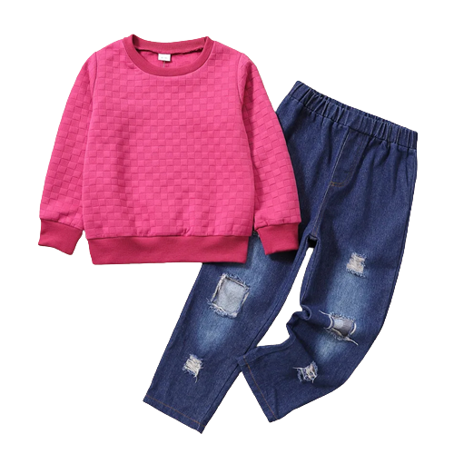 2pcs kid girl textured pink sweatshirt and ripped denim jeans set