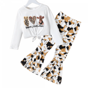 2pcs kid girl letter animal print tie dyed long sleeve tee and leopard print flared pants set