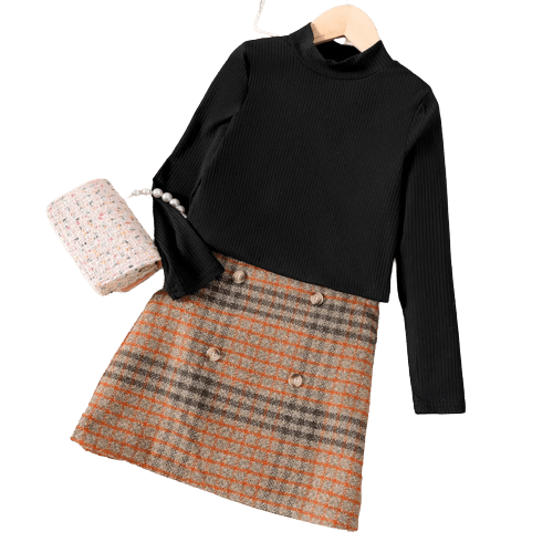 2pcs kid girl mock neck long sleeve black tee and plaid blend skirt set