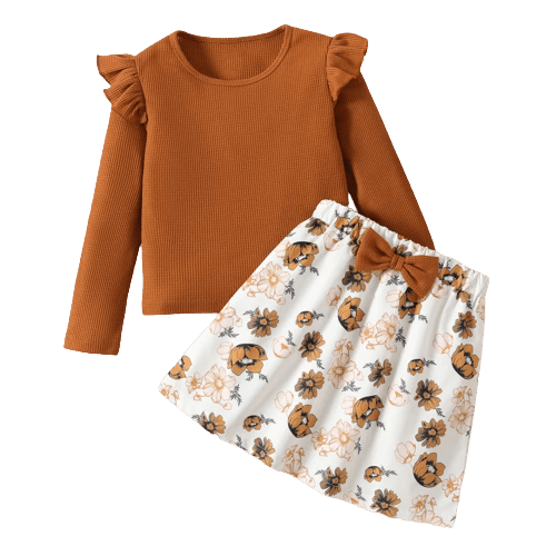 2pcs kid girl ruffled waffle long sleeve brown tee and floral print bowknot design skirt set
