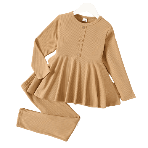 2pcs kid girl textured button design long sleeve top and leggings set