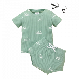 2pcs baby boy girl cotton ribbed short sleeve all over sun print top and shorts set