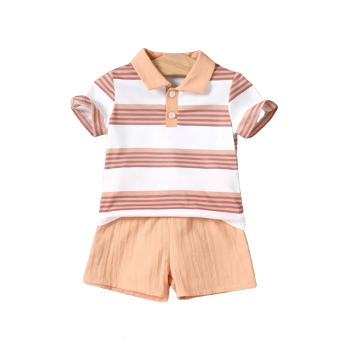 2pcs baby boy 100% cotton crepe shorts and striped short sleeve polo shirt set