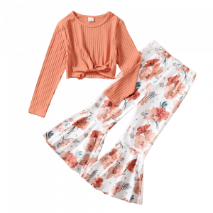 2pcs kid girl ribbed tie knot long sleeve tee and floral print flared pants set