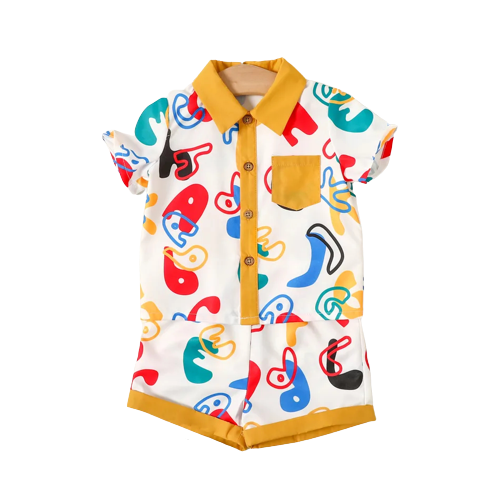 2pcs baby boy all over colorful letter print short sleeve button up shirt and shorts set