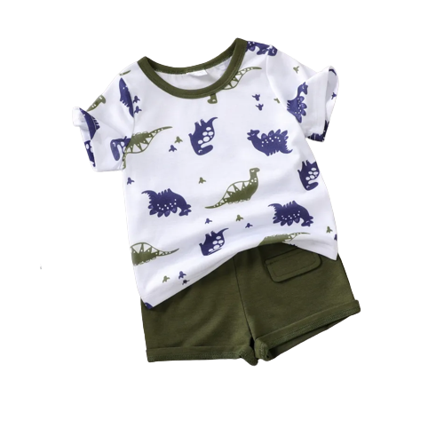 2pcs baby boy all over dinosaur print short sleeve tee and solid shorts set