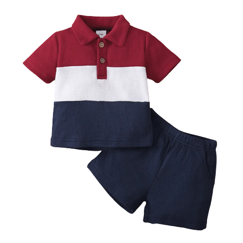 2pcs baby boy colorblock short sleeve polo shirt and solid shorts set