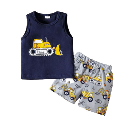 2pcs baby boy cotton excavator print sleeveless tank top and shorts set