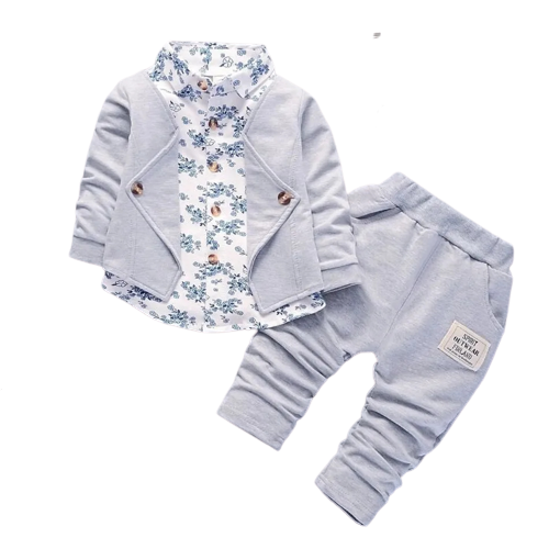 2pcs baby boy cotton long sleeve faux two floral print top and pants set
