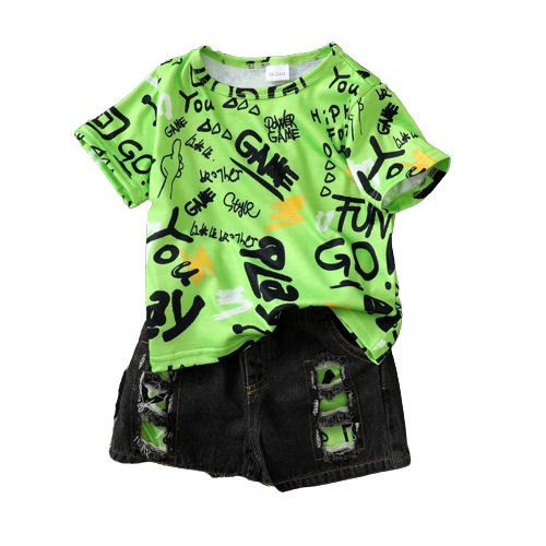 2pcs baby boy cotton ripped denim shorts and all over graffiti letter print short sleeve t shirt set