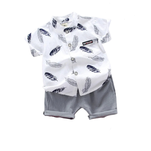 2pcs baby boy cotton short sleeve all over feather print button up shirt and solid shorts set