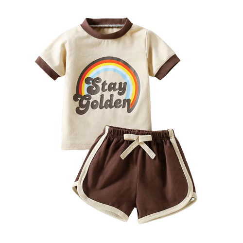 baby boy cotton short sleeve rainbow and letter print t shirt with shorts set