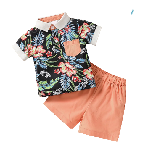 2pcs baby boy floral print short sleeve polo shirt and solid shorts set