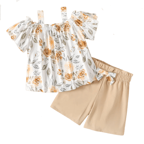 2 piece kid girl floral print cold shoulder strap top and bowknot design shorts set