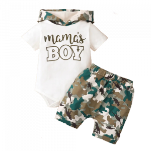 2pcs baby boy letter print short sleeve hooded romper and camo dino print shorts set