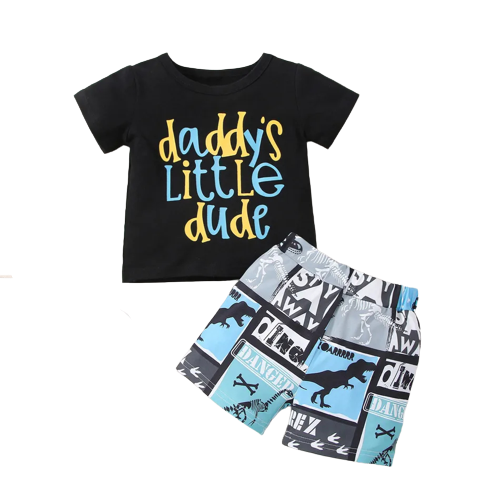 2pcs baby boy letter print short sleeve t shirt and dinosaur print shorts set