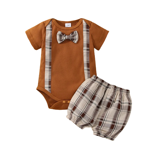 2pcs baby boy waffle short sleeve bow tie romper and plaid bloomers shorts set