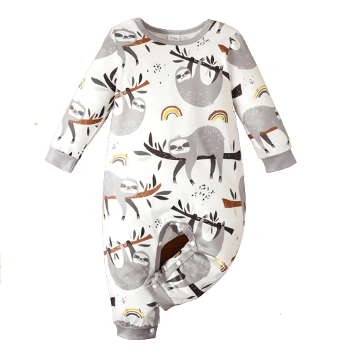 baby boy all over cartoon sloth print white long sleeve jumpsuit